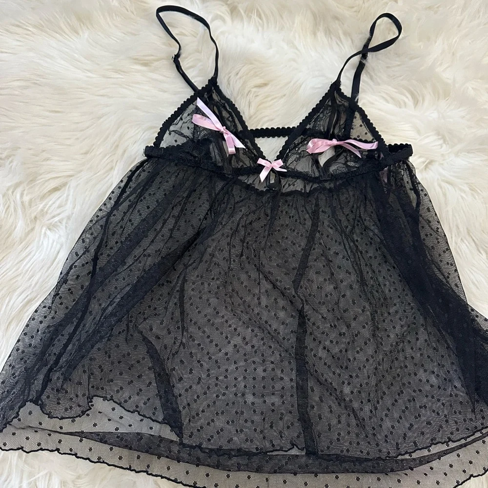 Victoria's Secret Black Lace Chemise with Pink Bows